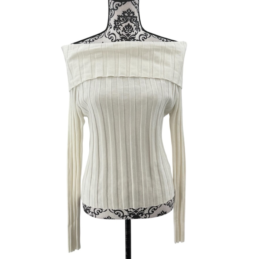 Emerson Lang Ivory Off Shoulder Ribbed Foldover Neck Contemporary Knit Sweater